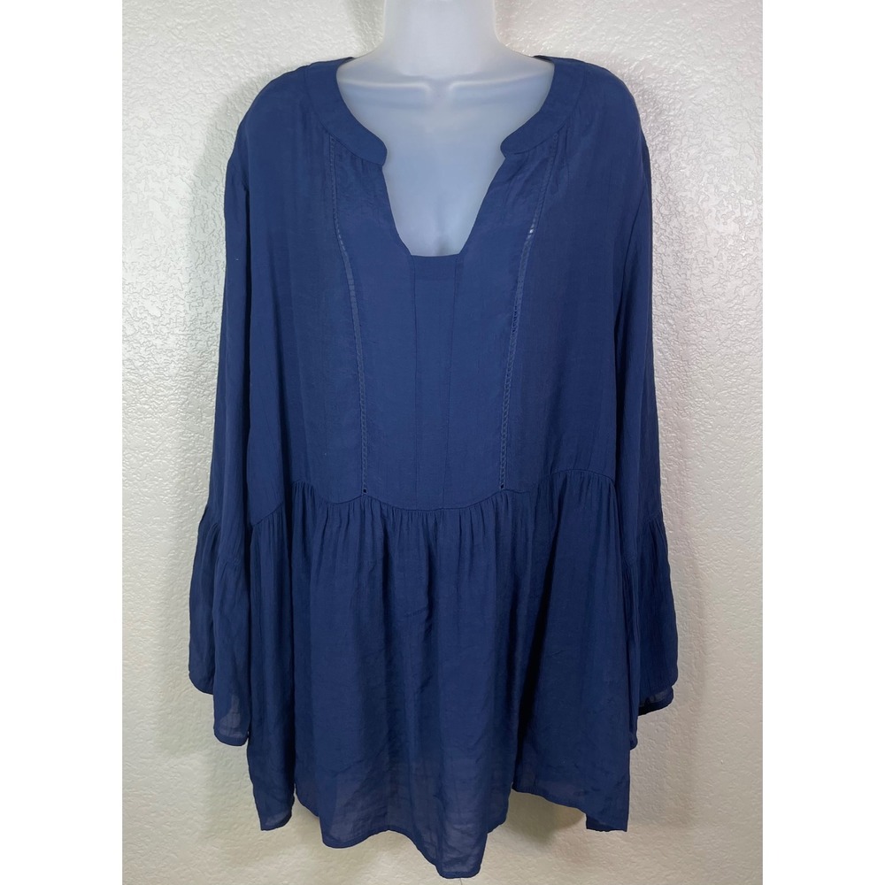 Counterparts Womens 3X Tunic Top Blue Bell Sleeve Babydoll V Neck Coastal Boho